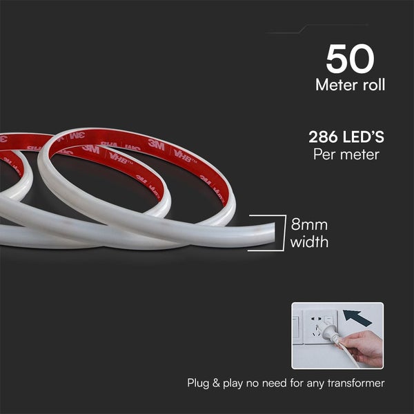 50 Meter Rolle LED-Streifen mit 286 LEDs pro Meter und 8 mm Breite zum direkten Einstecken ohne Transformator
