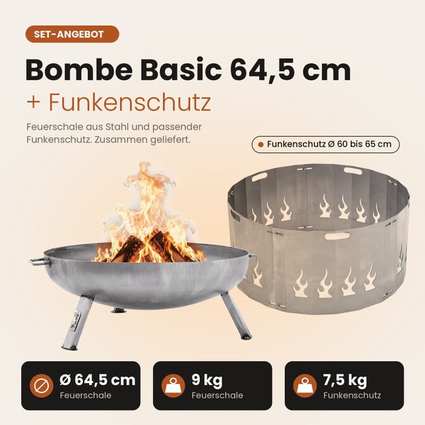 Feuerschale Bombe Basic 64,5 cm mit Funkenschutz aus Stahl im Set, inklusive technischer Daten.