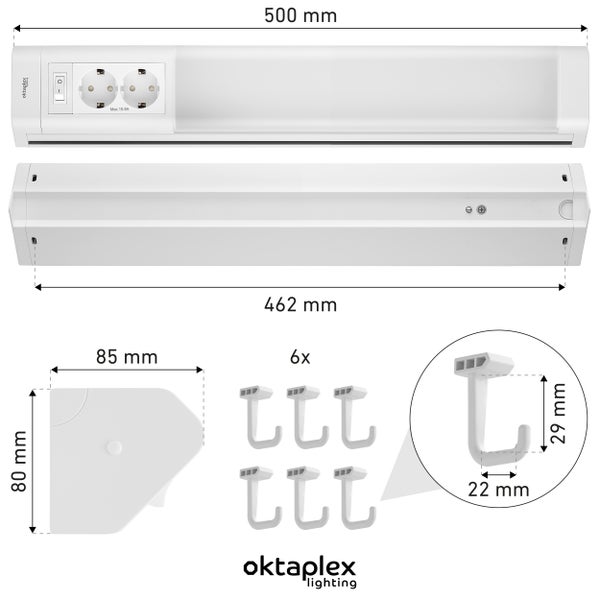 Oktaplex Talin Unterbauleuchte 50cm mit 2 Steckdosen und Schalter warmweiß 3000K