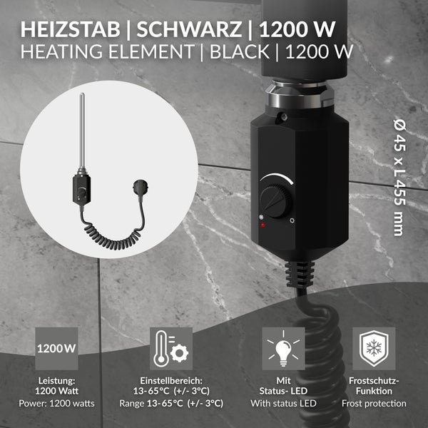 LuxeBath Heizstab 1200W Schwarz für Badheizkörper, Heizpatrone mit Thermostat für Heizkörper, Elektronischer Temperaturregler, Heizelement mit Stecker, Elektroheizstab für Heizungen & Handtuchtrockner