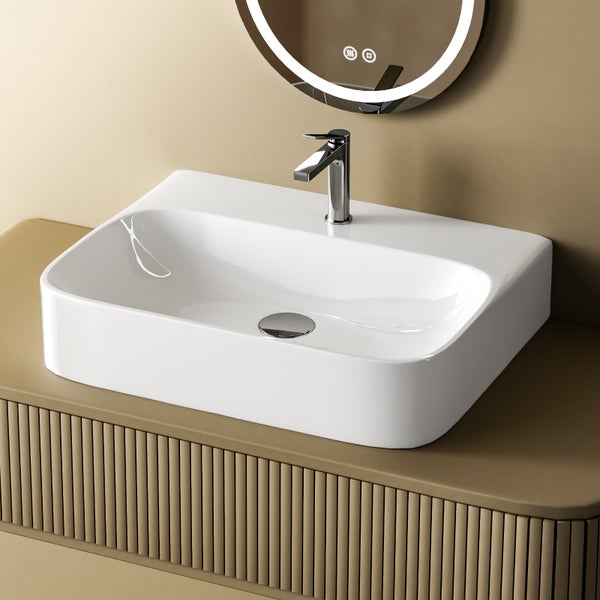 EMKE Aufsatzwaschbecken Kleines 610 x  475 x 140 mm Waschbecken Handwaschbecken für Badezimmer, Rechteckig Waschplatz Aufsatzbecken Waschschüssel Weiß