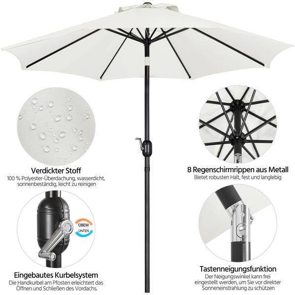 Weißer Sonnenschirm mit Kurbelsystem, acht Metallstreben und verstellbarem Neigungswinkel