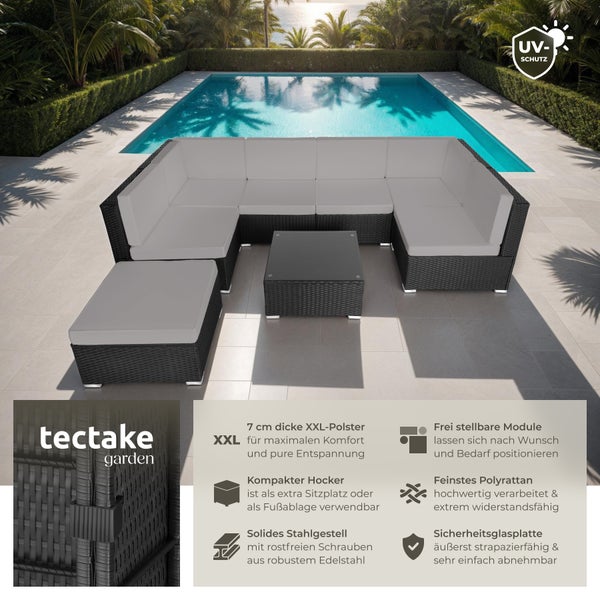 Rattan Lounge tectake Venedig mit Sicherheitsglasplatte für 6 bis 7 Personen schwarz/grau