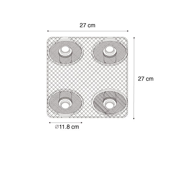 Technische Zeichnung einer Herdabdeckung mit den Maßen 27 mal 27 Zentimeter und einem Durchmesser von 11,8 Zentimetern