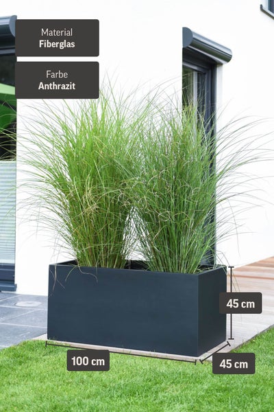 Anthrazitfarbener Pflanzkasten aus Fiberglas, Maße 100 mal 45 mal 45 Zentimeter, bepflanzt mit hohem Ziergras auf einer Terrasse vor einer Hauswand.