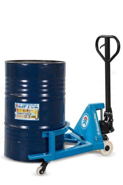 HanseLifter Fassheber aus Metall mit einem blauen 208 Liter Ölfass.