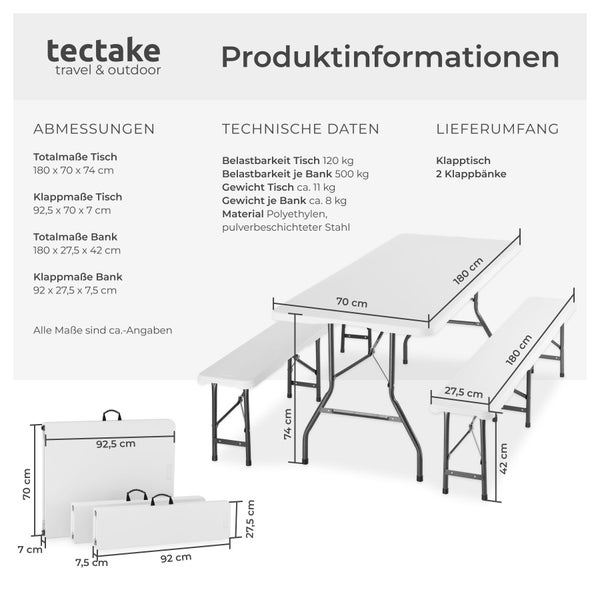 Produktdetails für tectake Klapptisch Set mit Maßen in Zentimeter, Belastbarkeit sowie Materialangaben für den Tisch und zwei passende Bänke.