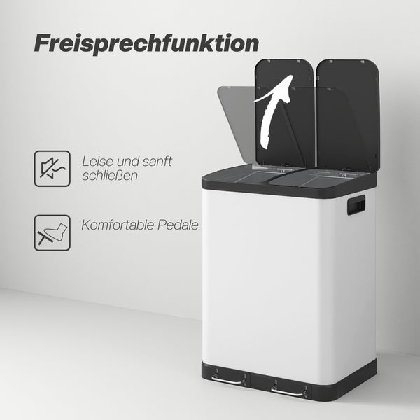 Tretabfalleimer mit zwei Fächern für Mülltrennung, Soft-Close-Funktion und Fußpedalen für freihändige Bedienung.