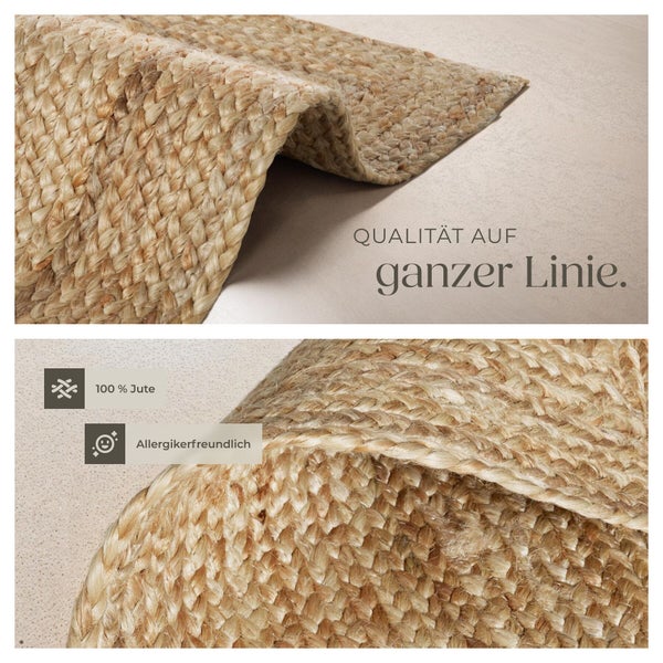 Gewebter Teppich aus 100 Prozent Jute, ein allergikerfreundlicher Naturfaserteppich mit robuster Struktur.