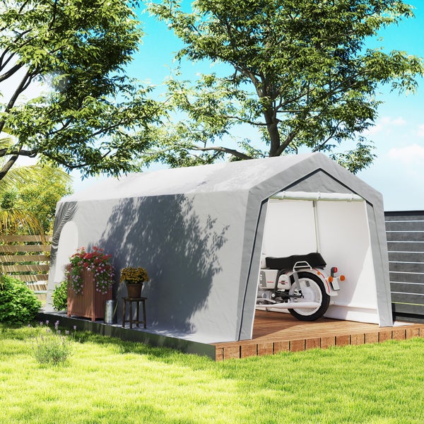 Outsunny Garagenzelt, wasserdicht Zeltgarage mit Türen, Fenster, Anti-Staub-Fahrradabdeckung, Gerätehaus, Gerätezelt Schuppen für Außenbereich, Terrasse, Garten, ca. 300 x 600 x 250 cm, Hellgrau