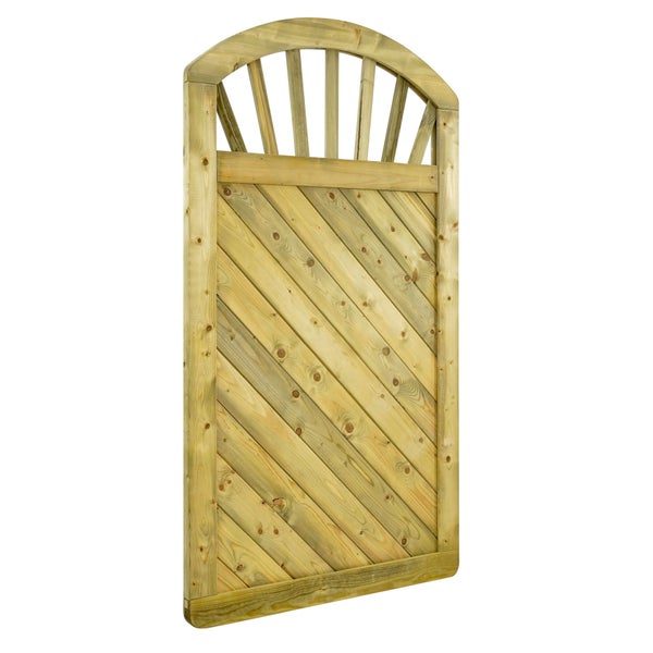 Holzzauntor mit abgerundetem Oberteil und diagonalen Brettern