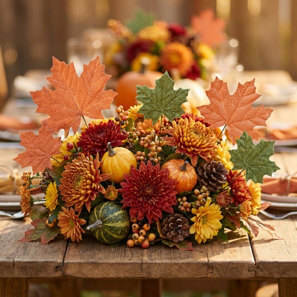 Herbstliches Tischgesteck mit Chrysanthemen, Zierkürbissen, Tannenzapfen und Ahornblättern auf einem Holztisch, stimmungsvolle Herbstdekoration.