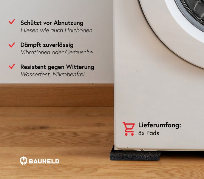 Acht Stück Antivibrationspads für Waschmaschinen zum Schutz von Bodenbelägen und zur Schalldämmung von Bauheld
