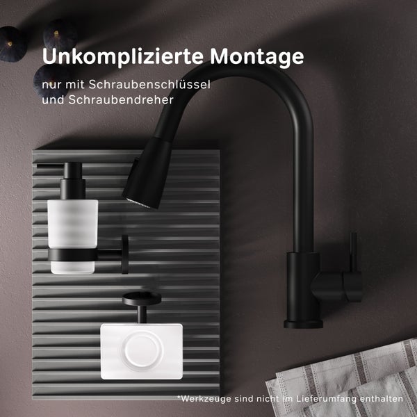 Schwarzer Küchenarmatur mit Spülmittelspender und Seifenspender für einfache Montage