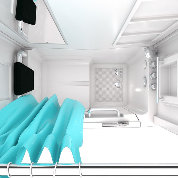 Draufsicht einer weißen Sitzbadewanne mit Tür, Haltegriffen, Armaturen, einer schwarzen Kopfstütze und einem blauen Duschvorhang.