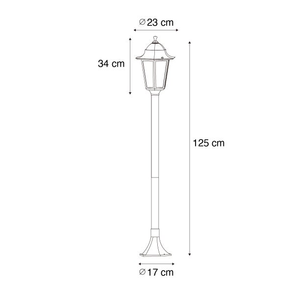 Technische Zeichnung Außenleuchte: Höhe 125 Zentimeter, Laterne 34 Zentimeter, Durchmesser oben 23 Zentimeter, unten 17 Zentimeter.