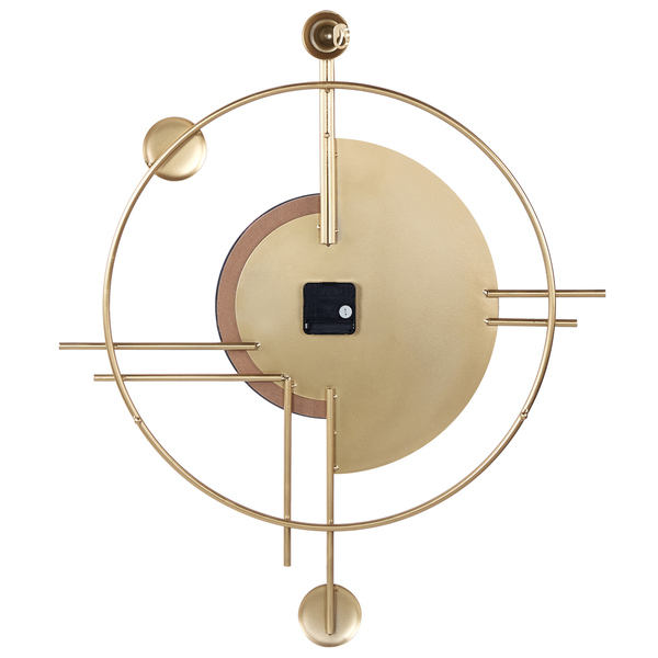 Rückansicht einer modernen Wanduhr aus Metall mit geometrischem Design und sichtbarem Uhrwerk.