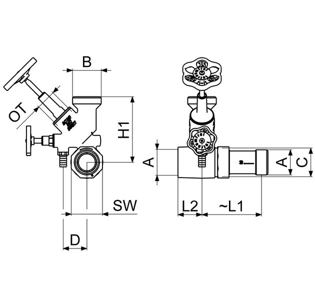 Technische Zeichnung eines Ventils mit verschiedenen Maßangaben wie H1, circa L1 und A.