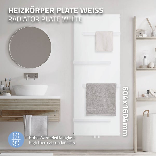ML-Design Badheizkörper 1600x604 mm Weiß + 4x Handtuchhalter, Flach Einlagig, Design Heizkörper mit Mittelanschluss Vertikal Planheizkörper Vertikalheizkörper Paneelheizkörper Flachheizkörper Heizwand
