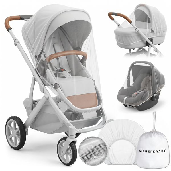 Universelles Insektenschutznetz für Kinderwagen und Babyschalen inklusive Aufbewahrungsbeutel mit Silberkraft Logo.