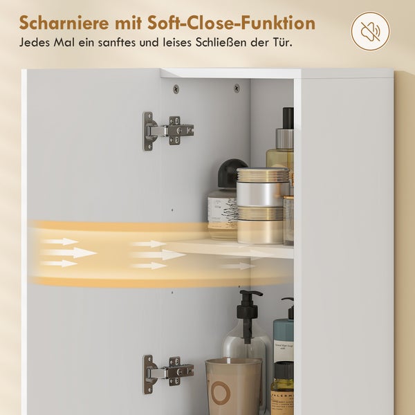 Weißer Badezimmerschrank mit geöffneter Tür und Metallscharnieren mit Soft-Close-Funktion für geräuschloses Schließen.
