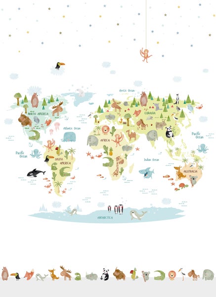 Weltkarte mit Tieren für Kinderzimmer