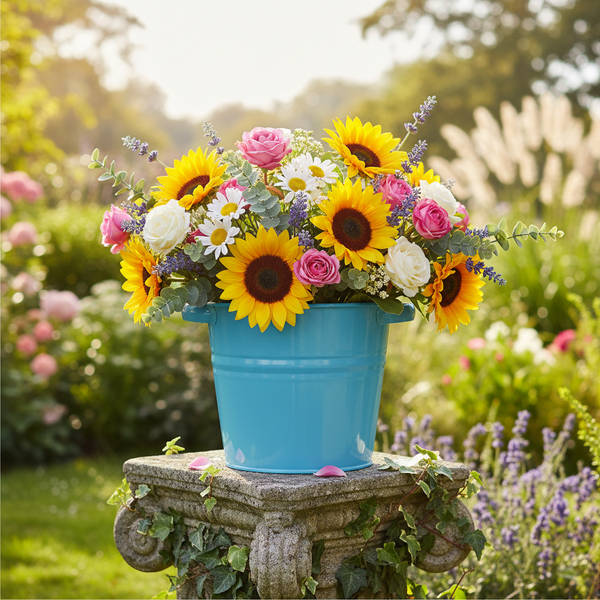 Bunter Blumenstrauß mit Sonnenblumen, Rosen, Margeriten und Lavendel in blauem Eimer auf einem Steinsockel in einem hellen Garten.