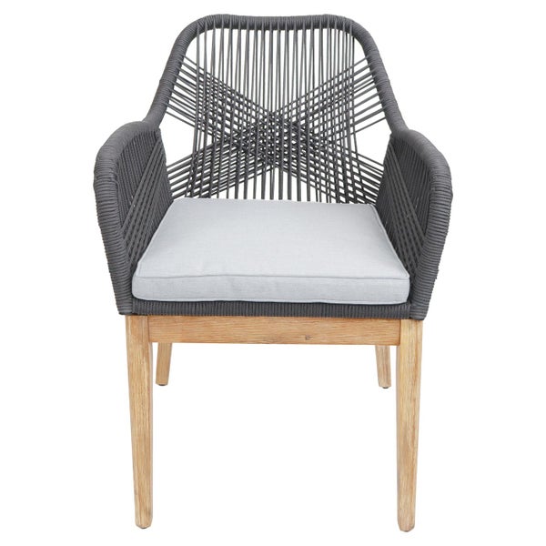 Gartenstuhl mit Armlehnen, Seilbespannung und Sitzkissen