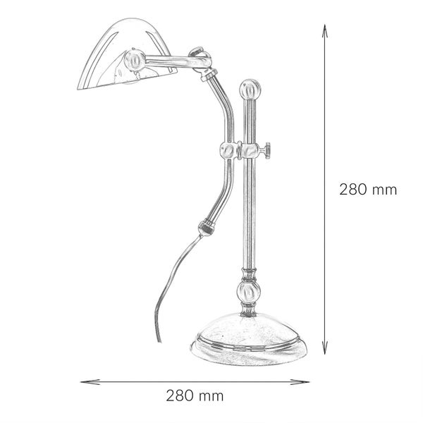 Skizze einer Tischleuchte mit den Maßen 280 x 280 mm