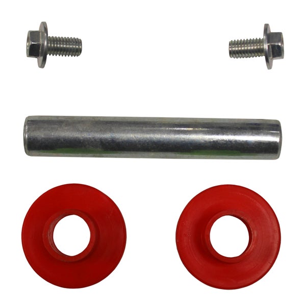 Set mit zwei Schrauben, einer Metallstange und zwei roten Buchsen