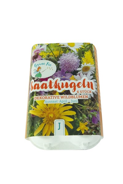 Saatkugeln für dekorative Wildblumen, Packung mit 6 Stück, Aussaat von April bis Juni, mit Grüne Fee Logo.