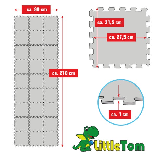 LittleTom Puzzlematte: Gesamt circa 90 mal 270 Zentimeter, Einzelmatte circa 31,5 mal 27,5 Zentimeter, Stärke circa 1 Zentimeter. LittleTom Logo.