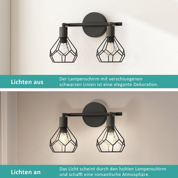 Schwarze Wandleuchte mit zwei Lampenschirmen im geometrischen Design