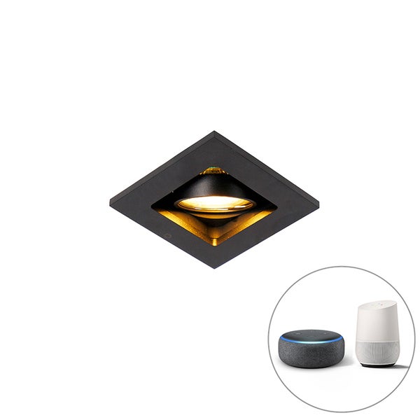 Quadratischer Einbaustrahler in Schwarz mit goldfarbener Innenseite, kompatibel mit Smart Home Sprachassistenten wie Alexa und Google Home.
