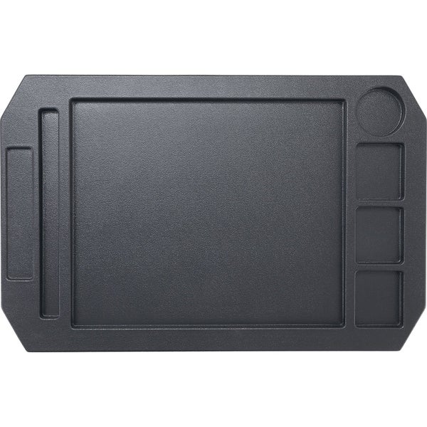 Arbeitsmatte mit verschiedenen Ablagefächern für Kleinteile und Werkzeuge, dunkelgrau, strukturierte Oberfläche.