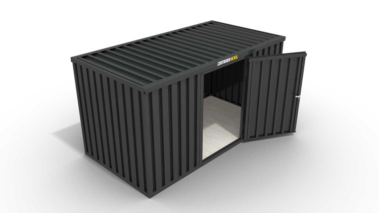 Lagercontainer Gerätehaus XXL  – 12 qm, H2150 x B6080 x T2170 mm, Außenwandlackierung anthrazit, Dach außen verzinkt, mit Holzfußboden, 1270 mm Einflügeltür mittig in Breitseite, montiert