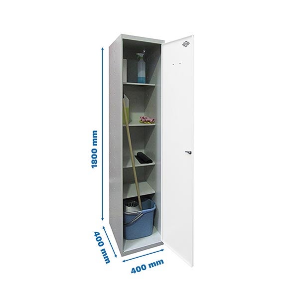 Reinigungsschrankschrank mit Putzmitteln und Geräten, Maße 1800 mm hoch, 400 mm breit und 400 mm tief