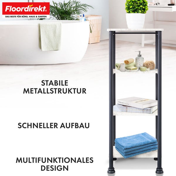 Badezimmer Szene mit einem weißen Bad, Zimmerpflanze und einem schmalen Regal mit drei Ablagen zur Aufbewahrung von Badutensilien