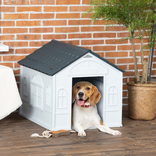 PawHut Hundehütte, Hundehaus mit Satteldach, wetterfest Kleintierhaus für mittelgroße Hunde unter 20 kg, Hundehütte Outdoor, 65 x 75,7 x 63 cm, Grau
