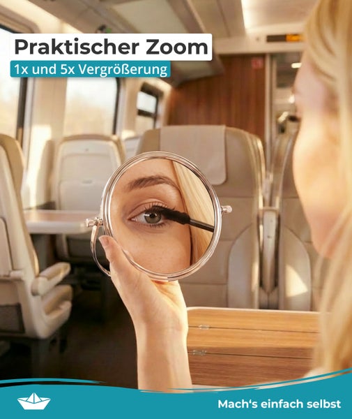 Frau benutzt Kosmetikspiegel mit 1-facher und 5-facher Vergrößerung zur Anwendung von Mascara