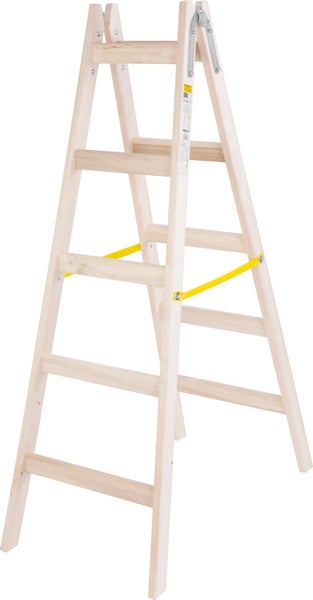 Beidseitig begehbare Stufenstehleiter aus Holz mit gelben Sicherheitsgurten.