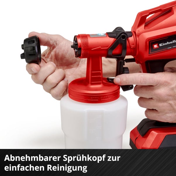Einhell Farbsprühsystem mit abnehmbarem Sprühkopf zur einfachen Reinigung und Wartung.
