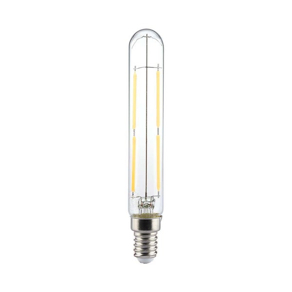 LED Filament Leuchtmittel in Röhrenform mit E14 Sockel aus Glas.