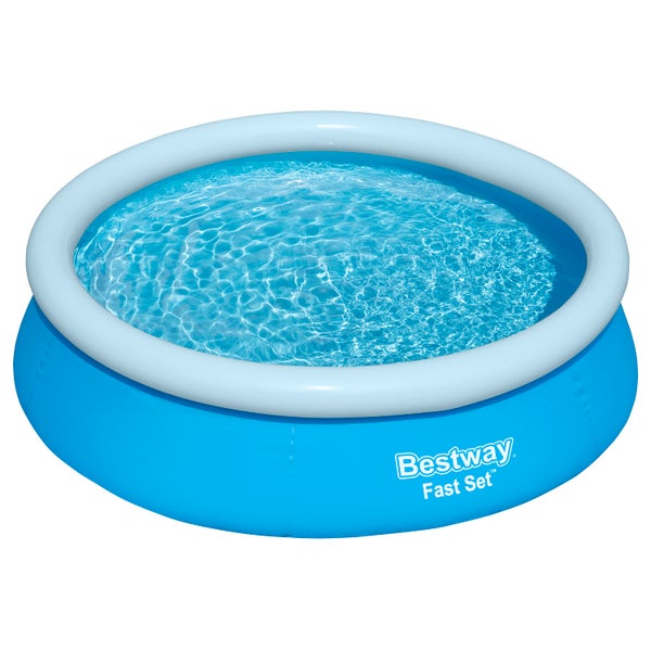 Bestway Fast Set runder aufblasbarer Pool mit weißem Luftring und blauen Seitenwänden.