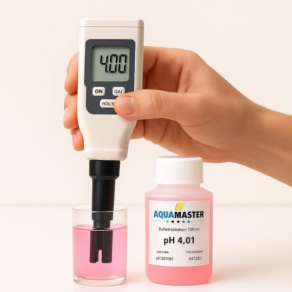 Hand hält ein digitales pH-Messgerät mit der Sonde in einer Pufferlösung, Anzeige 4,00, neben einer Flasche AquaMaster pH 4,01.
