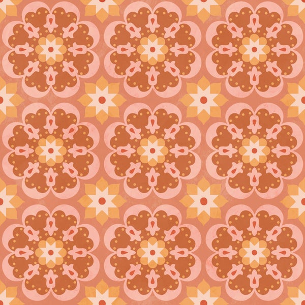 Tapete mit floralem Retromuster und ornamentalen Sternmotiven.