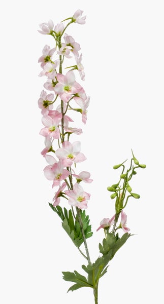 Künstlicher Rittersporn mit zartrosa Blüten und grünen Blättern.