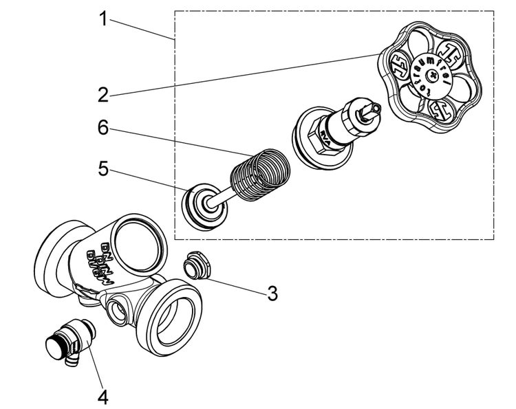 Explosionszeichnung eines Ventils mit nummerierten Bauteilen wie Handrad, Ventiloberteil, Feder und Gehäuse.