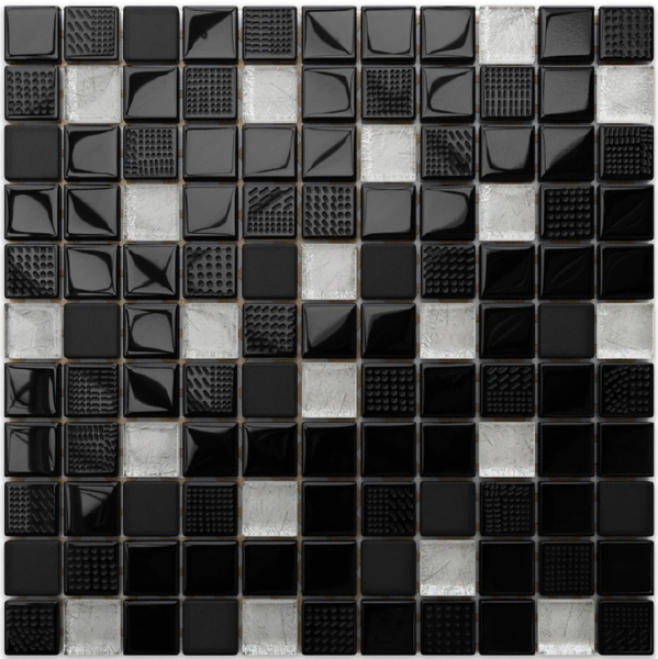 Mosaikfliese aus Glas in Schwarz und Silber mit verschiedenen Oberflächenstrukturen für Wand und Boden.