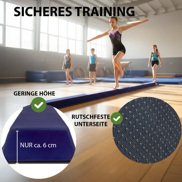 Niedriger Schwebebalken für sicheres Training in einer Turnhalle, Höhe circa 6 cm, mit rutschfester Unterseite.